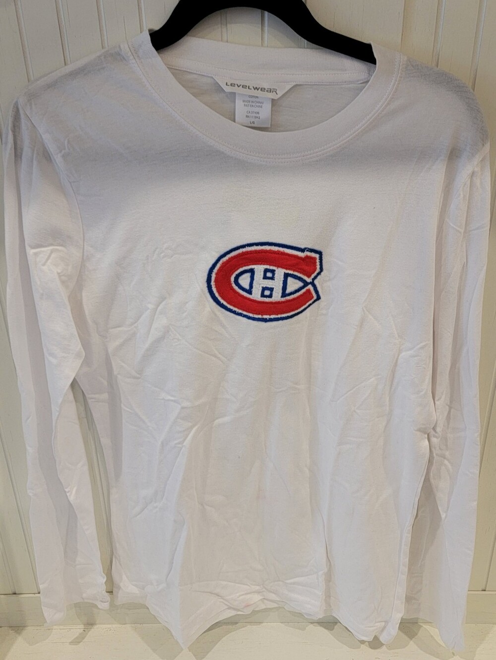 Womens White Long-Sleeve Tee with Red & Blue Logo
